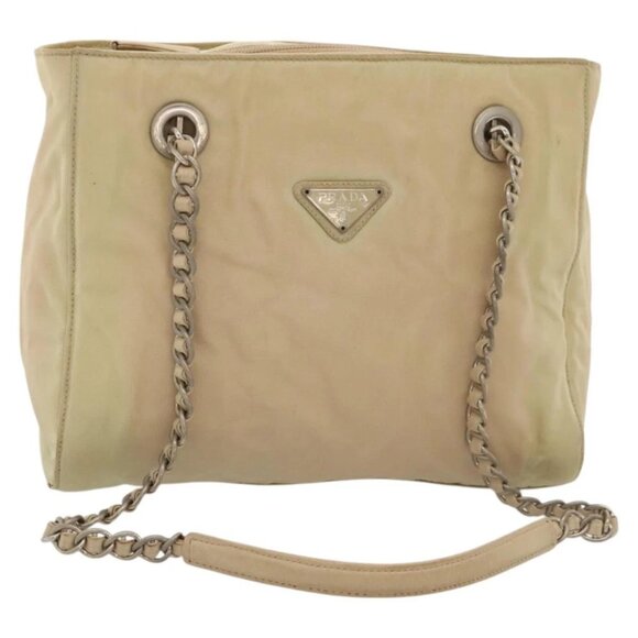 PRADA Chain Shoulder Bag Nylon Beige Auth BD1635 - Picture 1 of 14